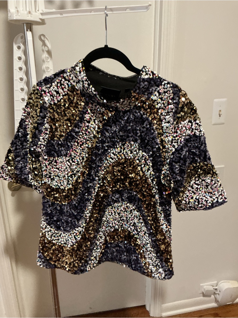 Anthropologie Multicolor Sequin Short Sleeve Tee - Navy, Brown & Silver